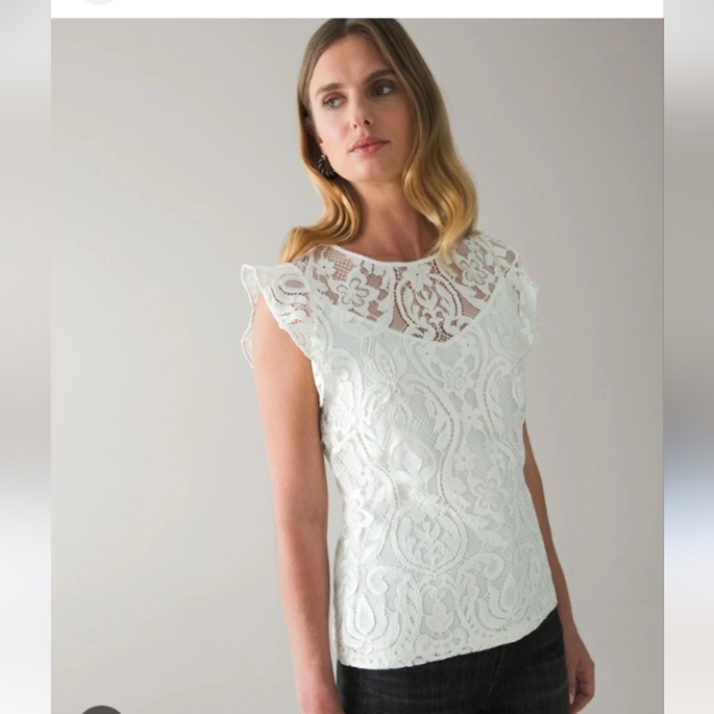 White House Black Market Cream Lace Flutter Sleeve Blouse
